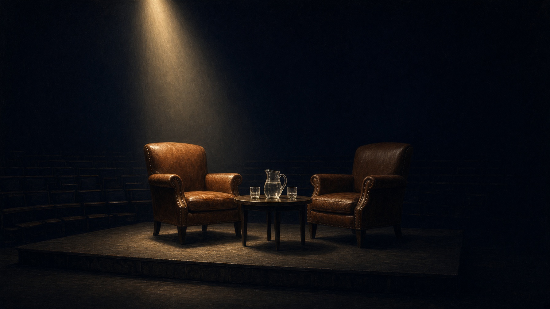 Two empty leather chairs and a glass pitcher under a single stage light in a dark auditorium