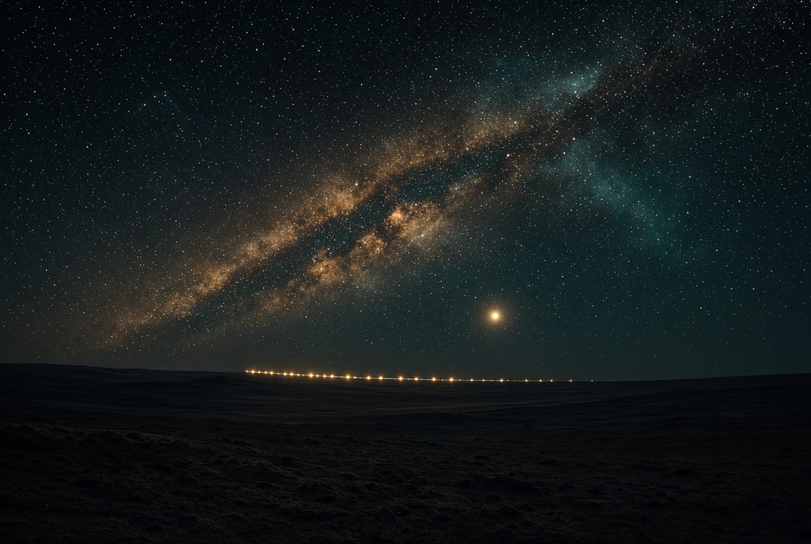 Milky Way in champagne gold and deep teal over a dark plain, a line of distant lights like a night train, one bright gold star