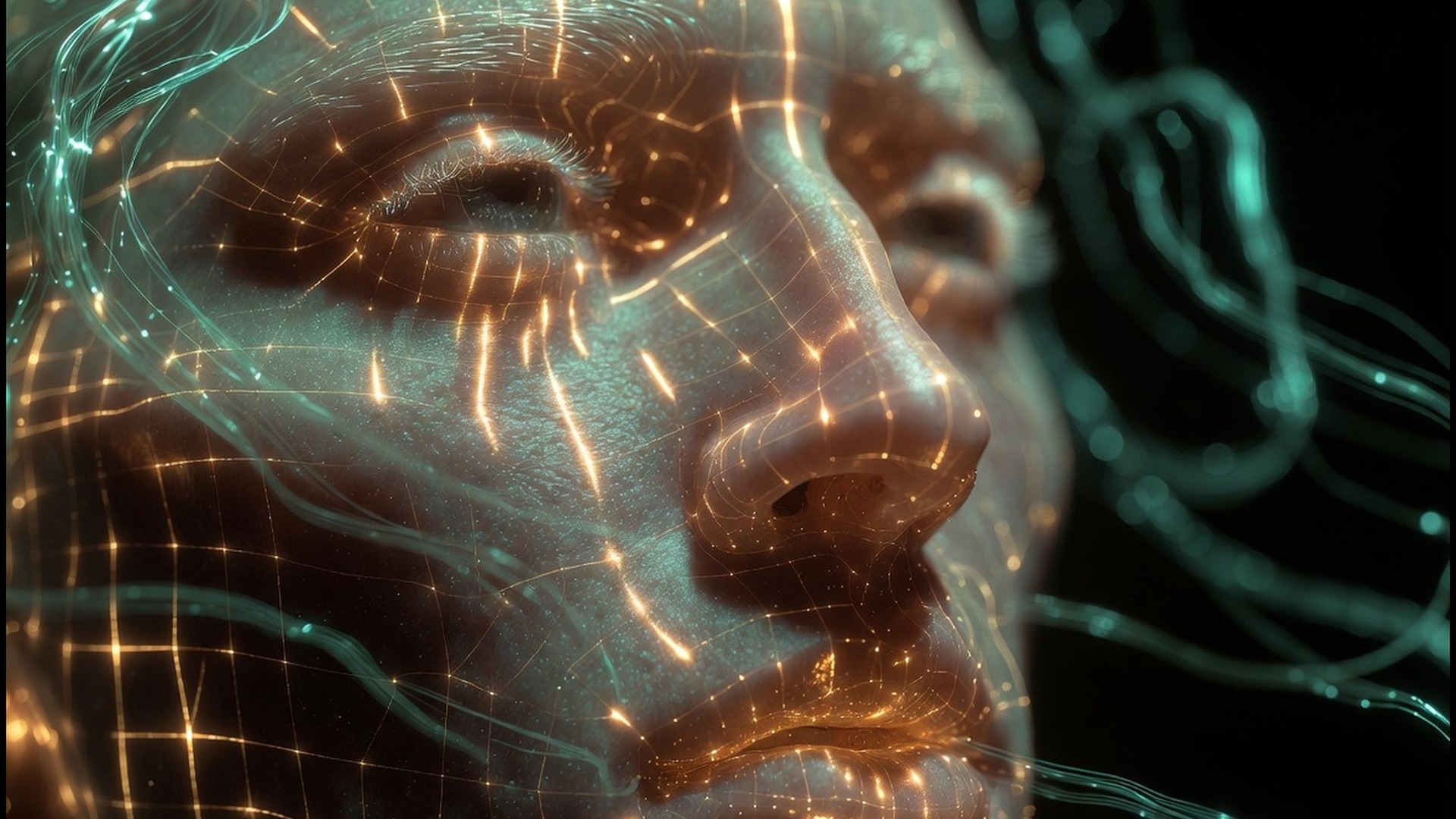 Avatar face assembling, gold grid and teal filaments
