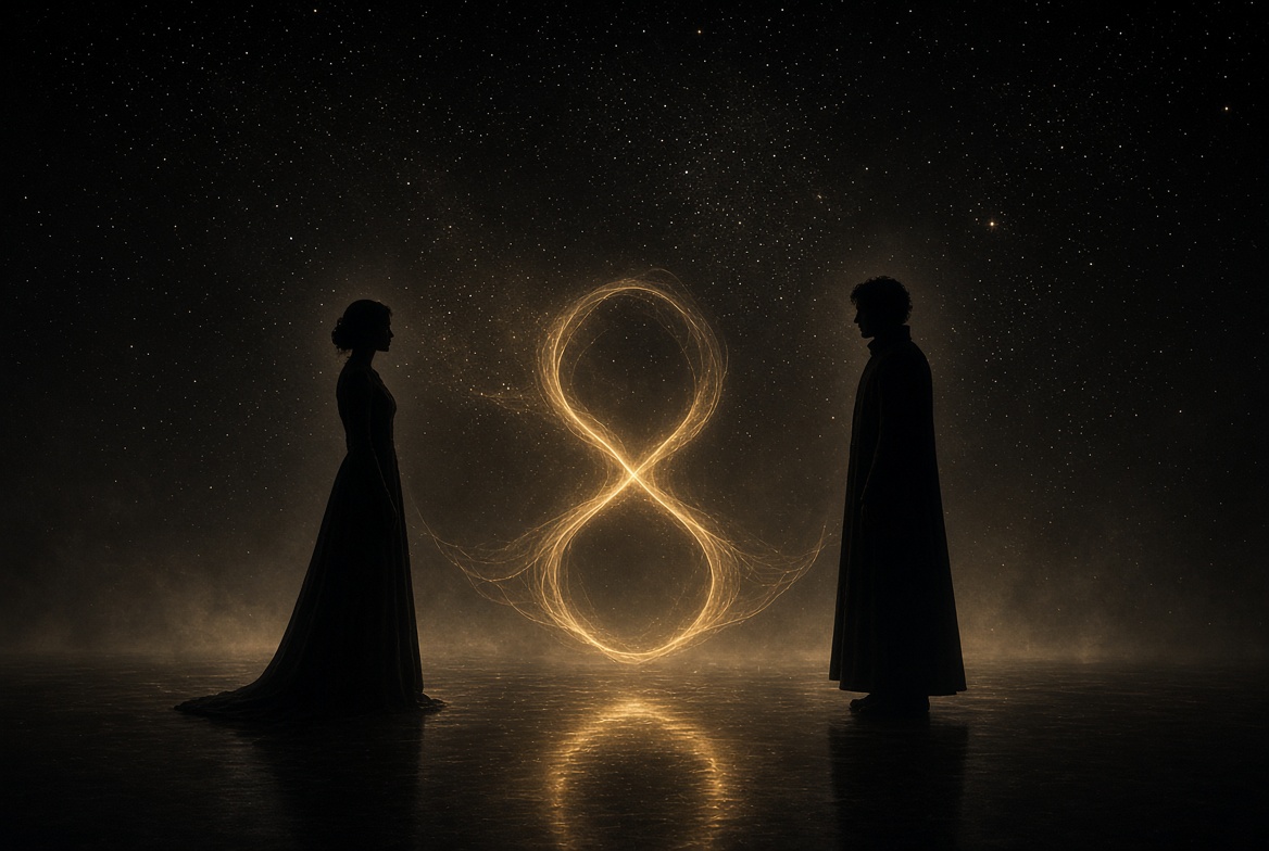 Two silhouettes under a star field joined by a soft gold yoke of light without merging