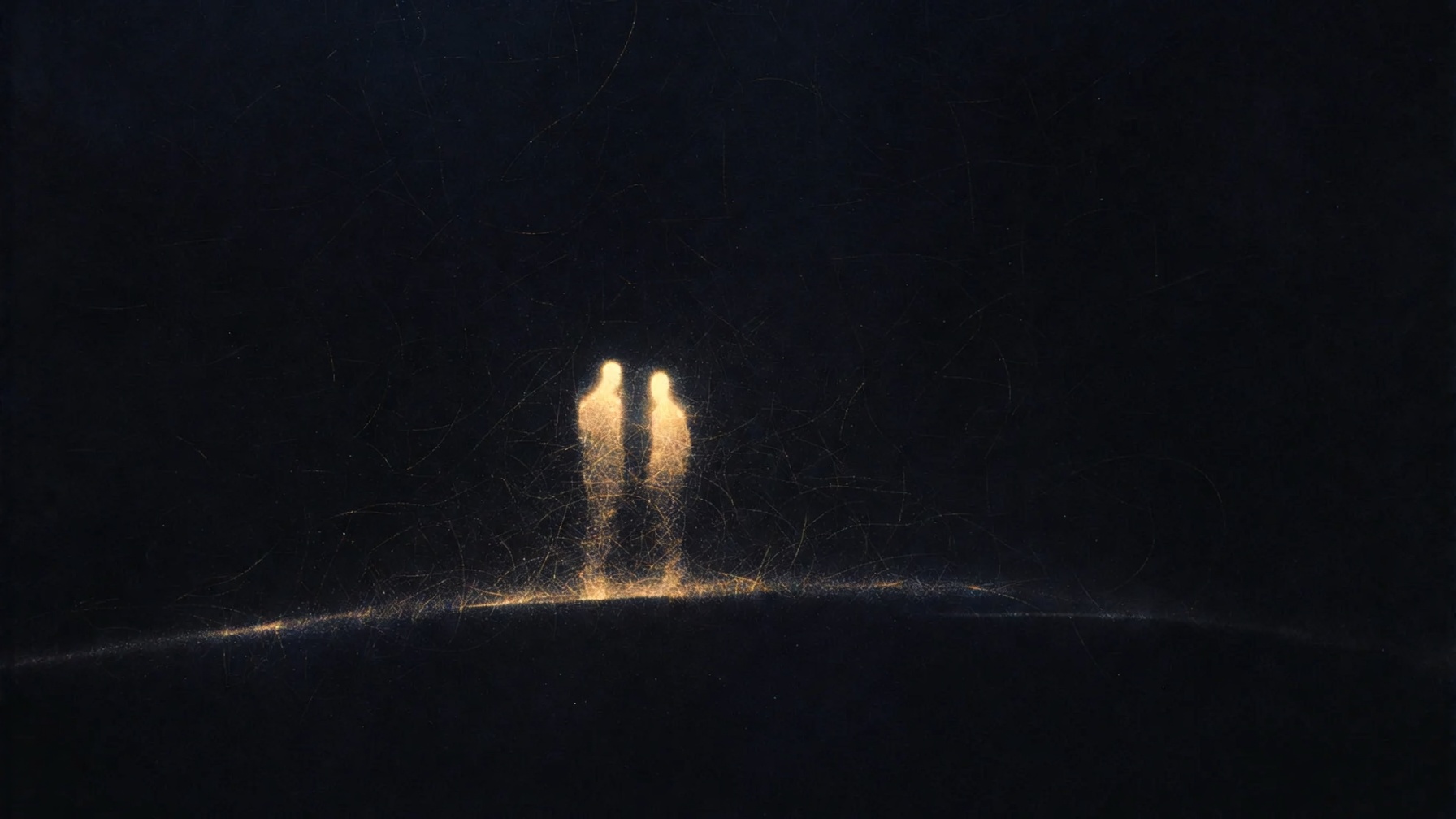 Two distant luminous silhouettes on a night field with open center · character select atmosphere