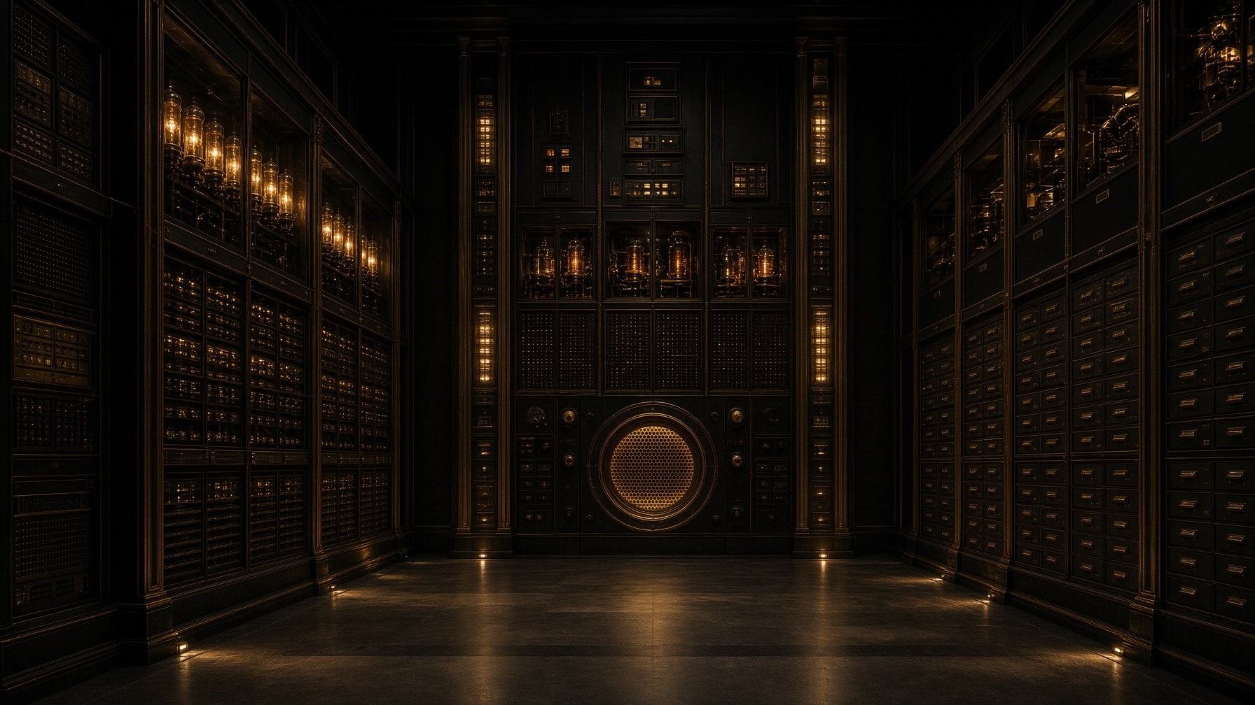 A vast answering machine in a dark hall: brass cabinets, amber tubes, one gold mouth of light. No text.