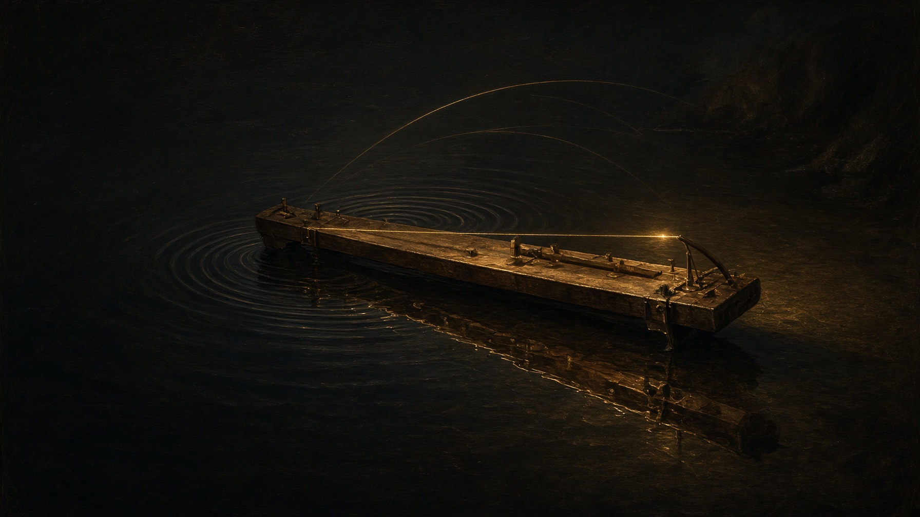 A bronze stringed instrument half in night water, gold line continuing into quiet arcs. Mythopoesis. Not a sky map.