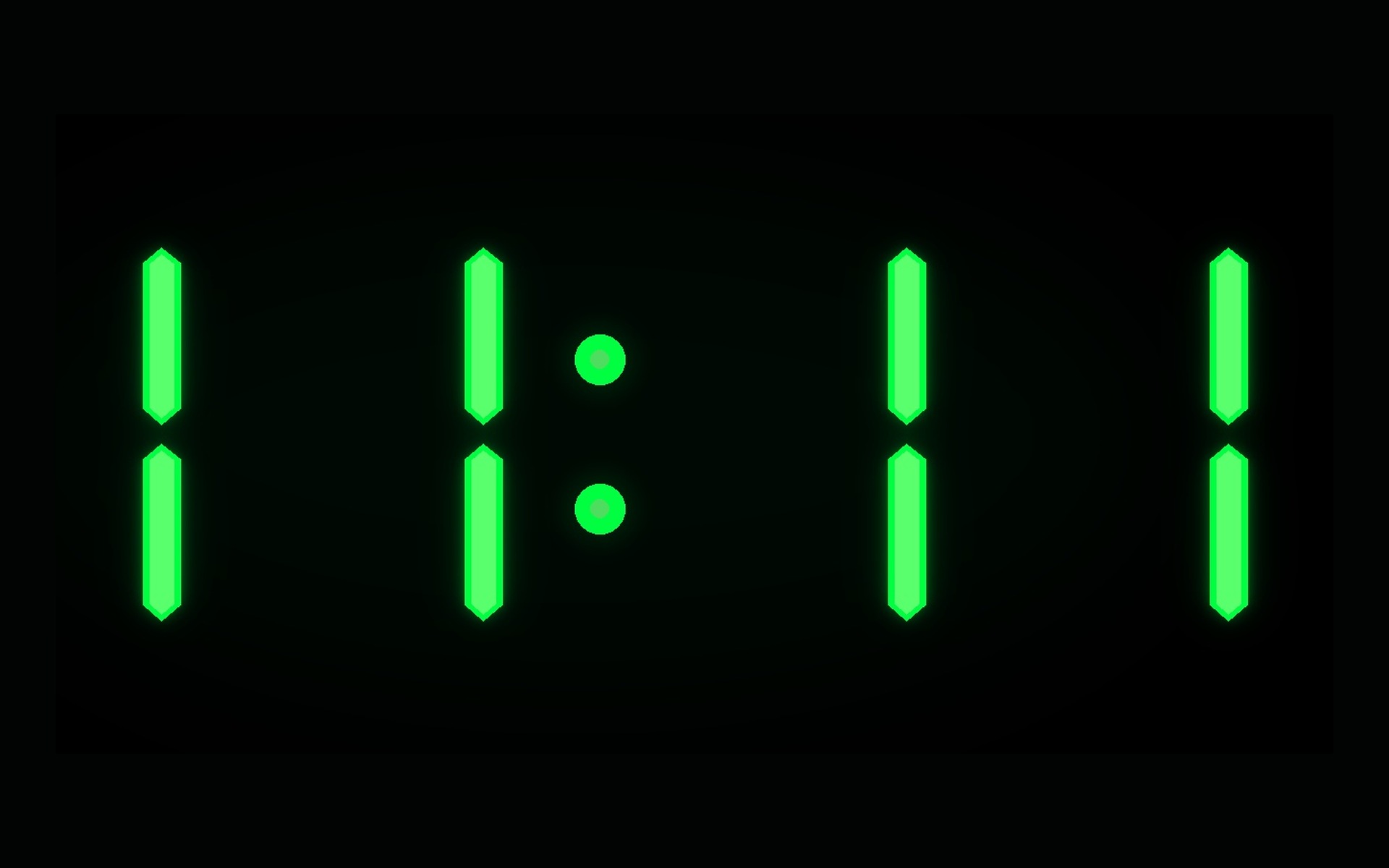 Night room, matrix-green digital alarm reading 11:11