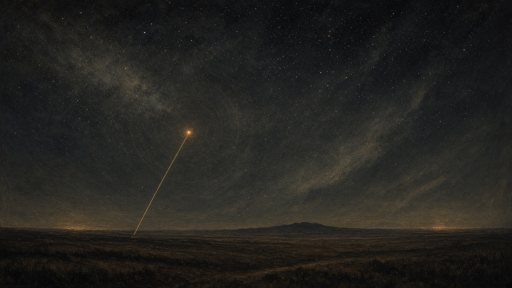 Night horizon, a single gold azimuth line toward a distant dark-amber point. Local space as a direction from a place. No faces.
