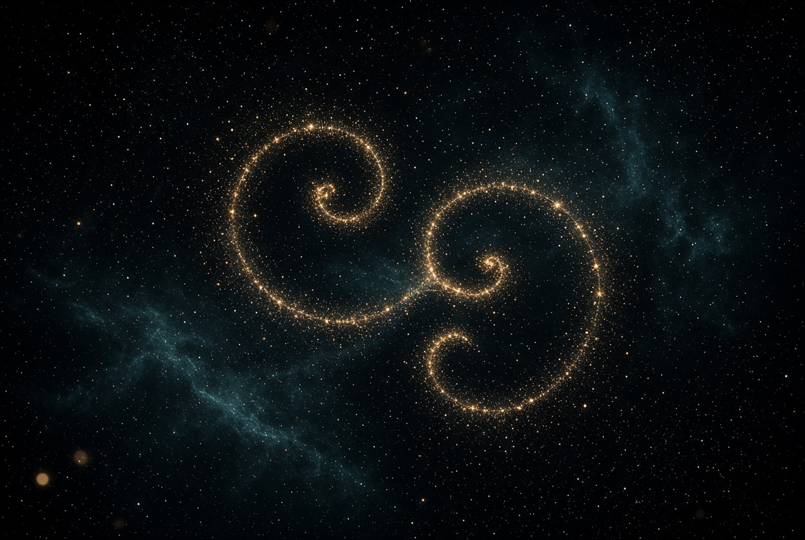 Reciprocal gold star spirals on deep space · the 69 field as light