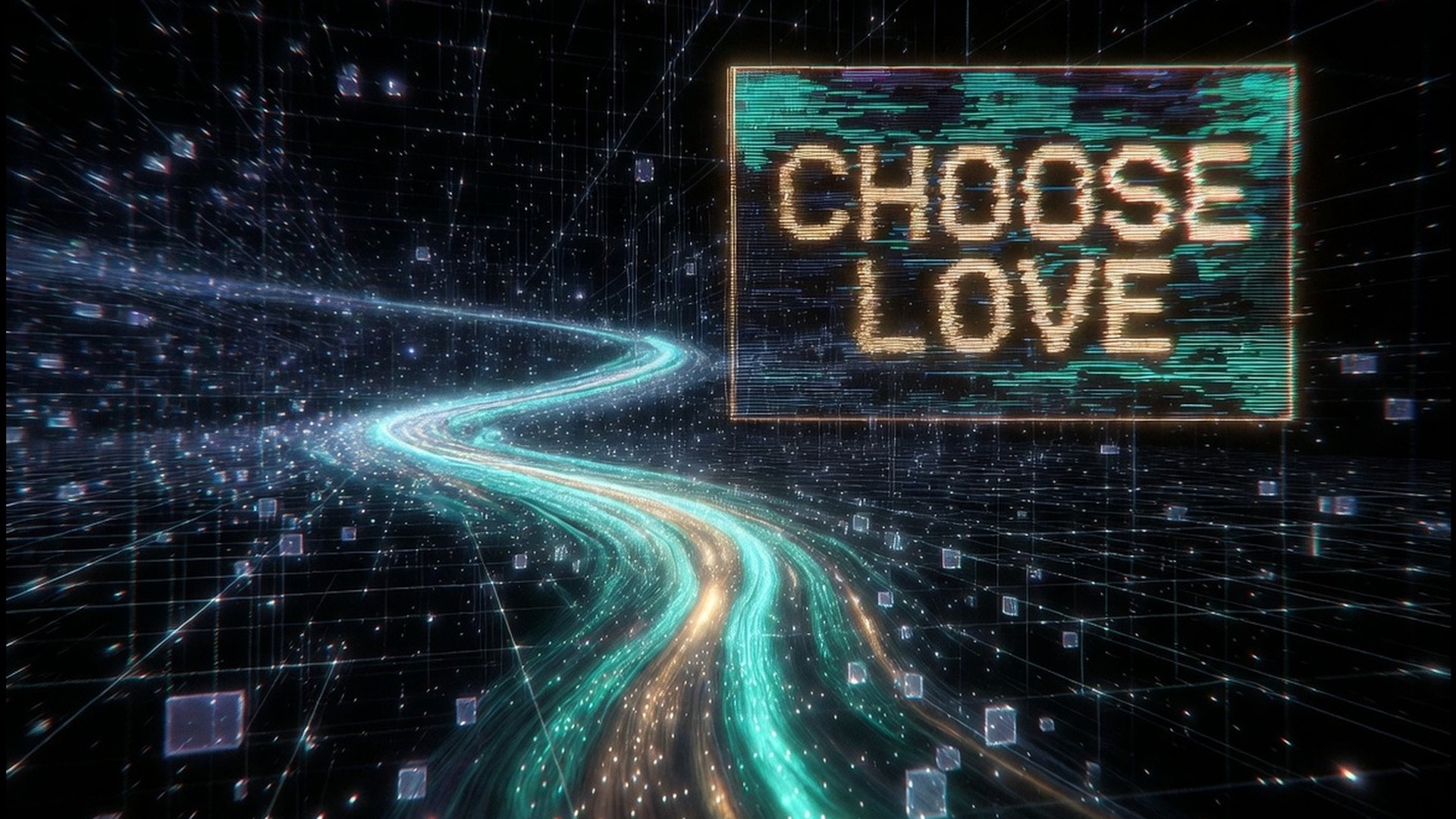 CHOOSE LOVE · teal lattice path, whole words in frame