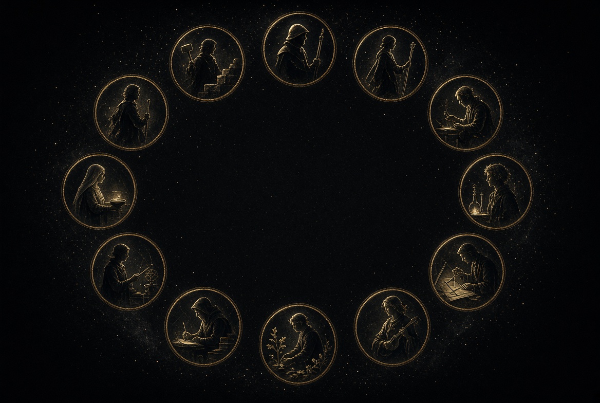 Twelve gold craft medallions in a circle on night field · open center · character select without chrome