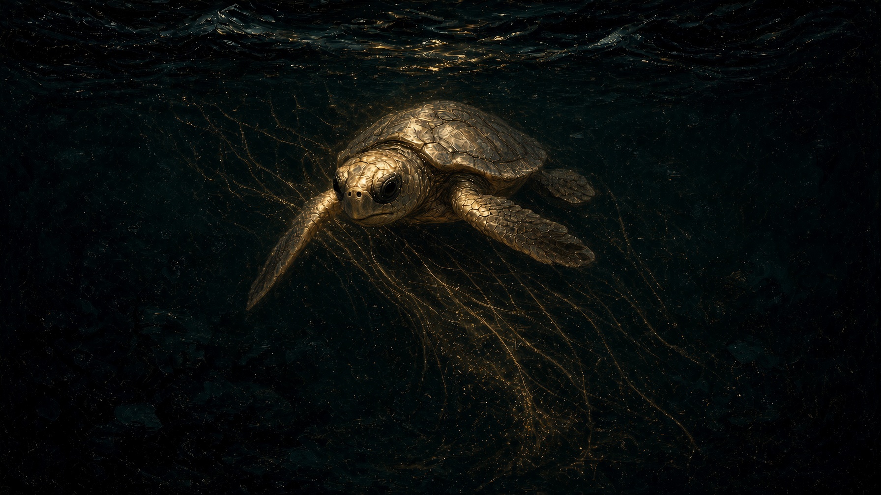 A loggerhead hatchling in black water. Faint gold field lines dip through the small body into the deep. Inclination weather. Not a compass rose. Not a canoe.