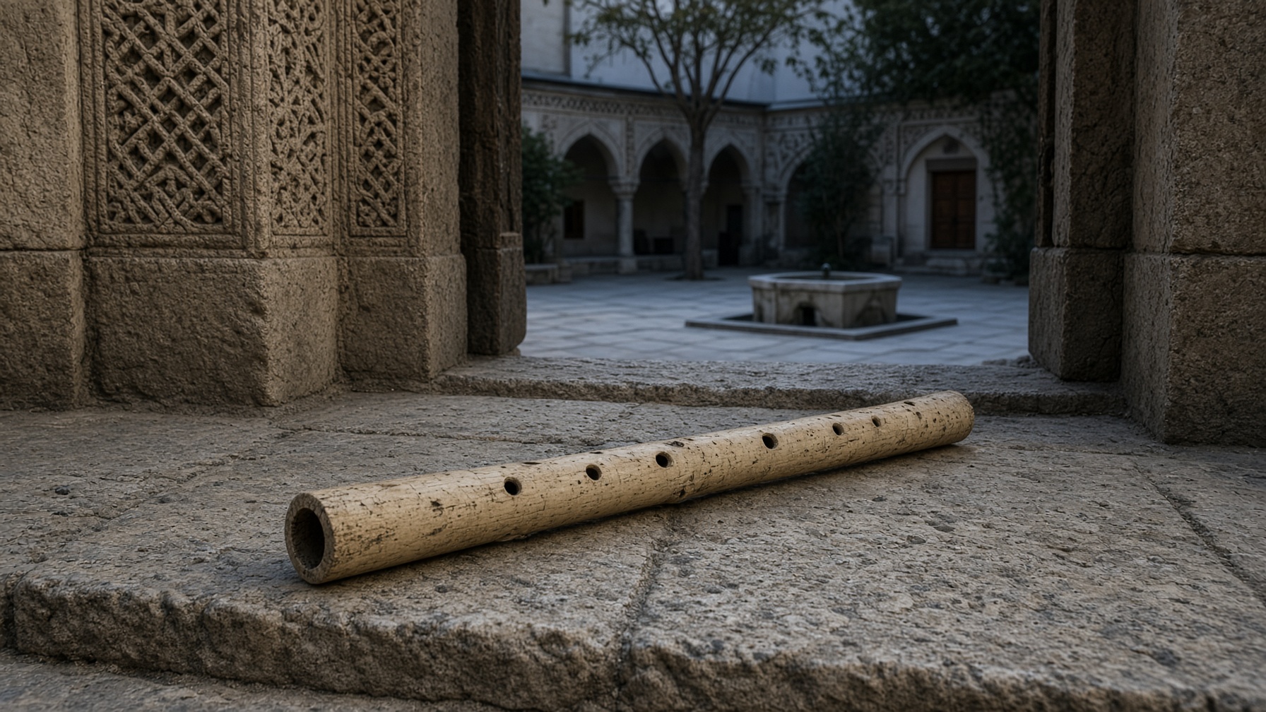 A reed flute on the stone threshold of a courtyard. Carved lattice, a fountain beyond. The instrument that sounds because it was cut.