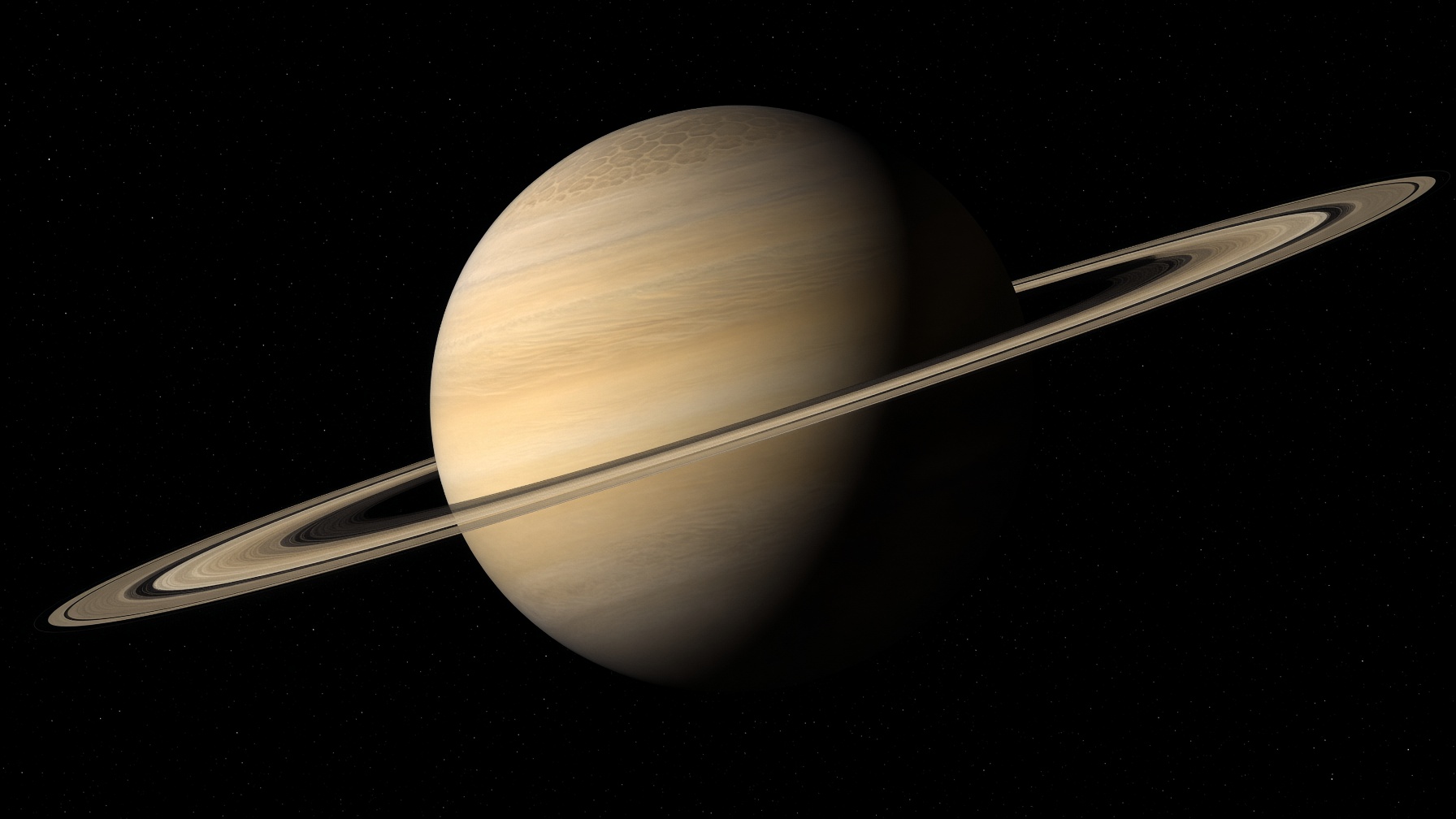 Photoreal Saturn: pale gold globe, ice rings with the Cassini Division, honey sunlight, true-black space