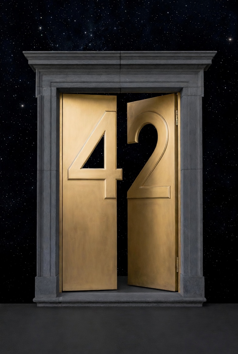 A doorway formed as 42, hinged open onto a starfield