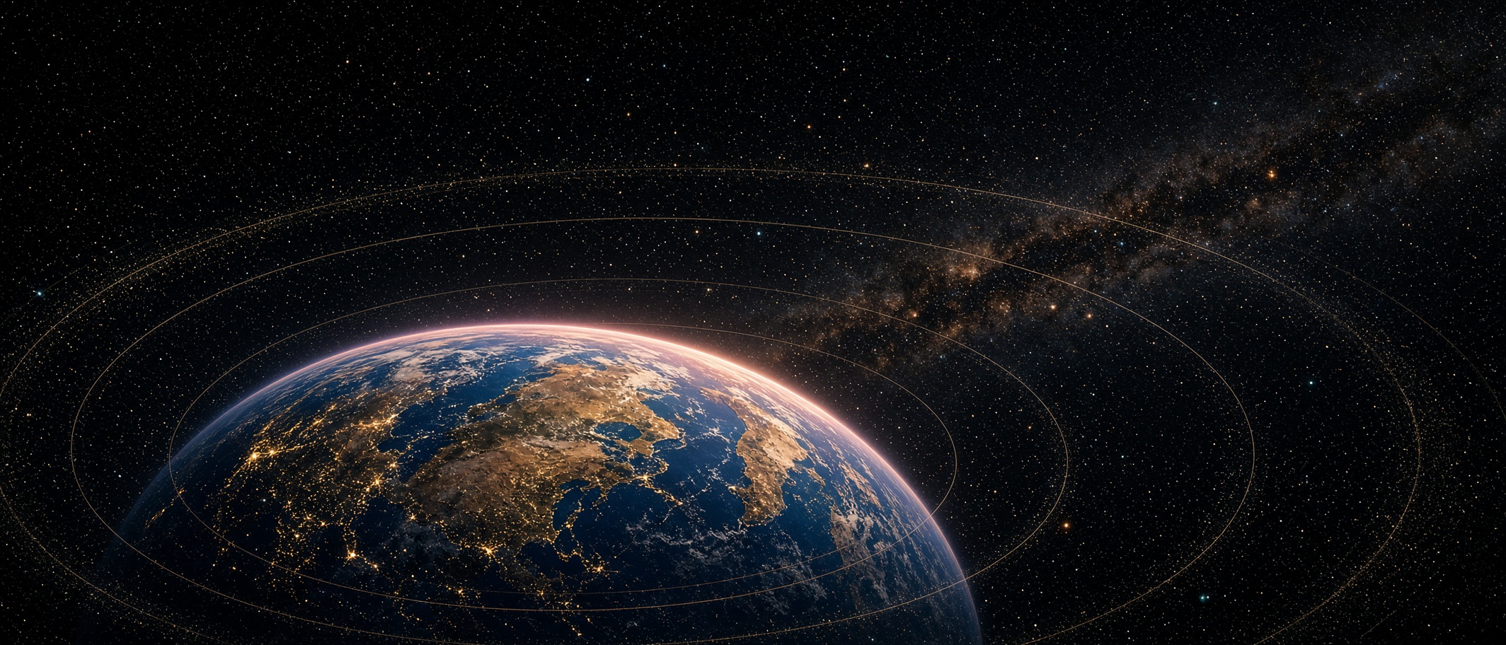 Earth from night orbit. Camera-reel rings. Elucidation as star-flow, not a lamp.