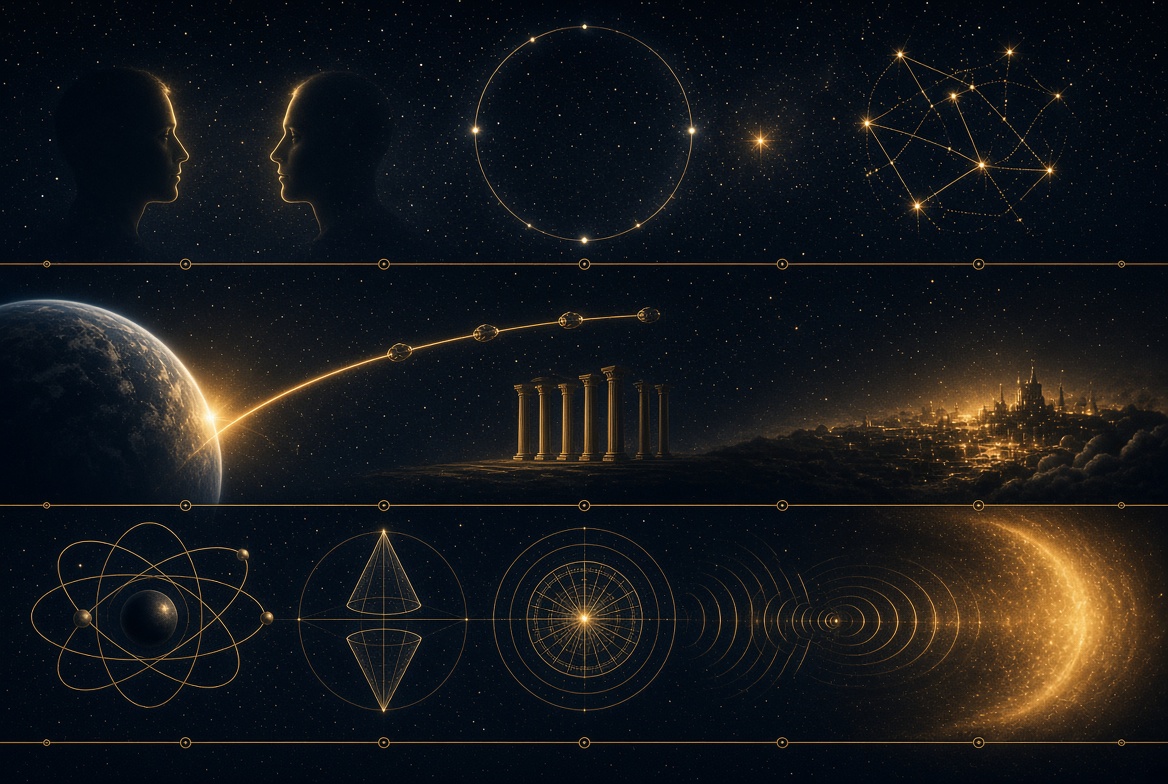 NASA-style triptych: outer physics instruments, civilizational path, participatory psyche field