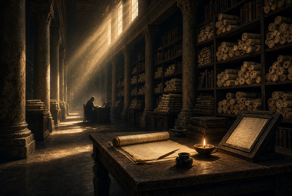 Late light through high windows in a long hall of scrolls · desk with open papyrus, lamp, ink · scholar at work in the distance