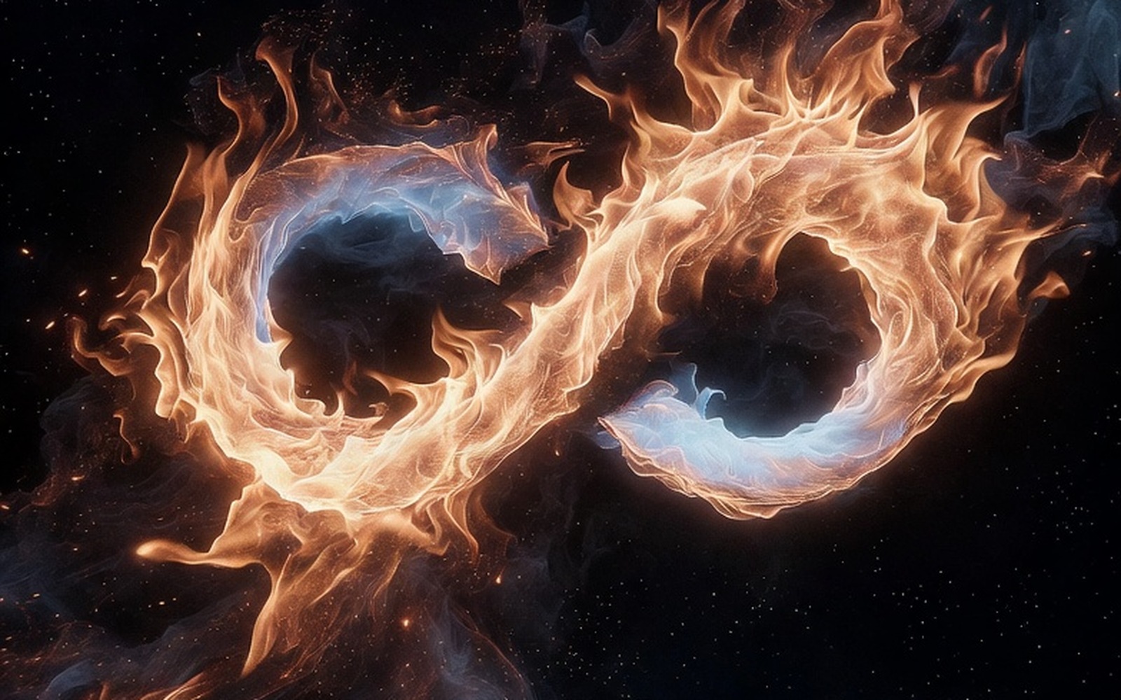 Champagne-gold and pure-blue flame forming an infinity loop, the 69 reciprocity seal of Eros against a night sky