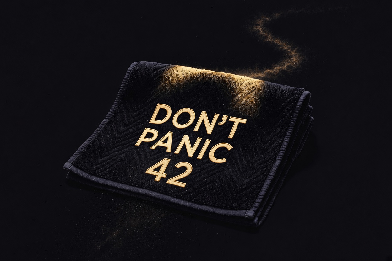Night-gold towel embroidered Don’t Panic and 42 · Book of 42 original plate