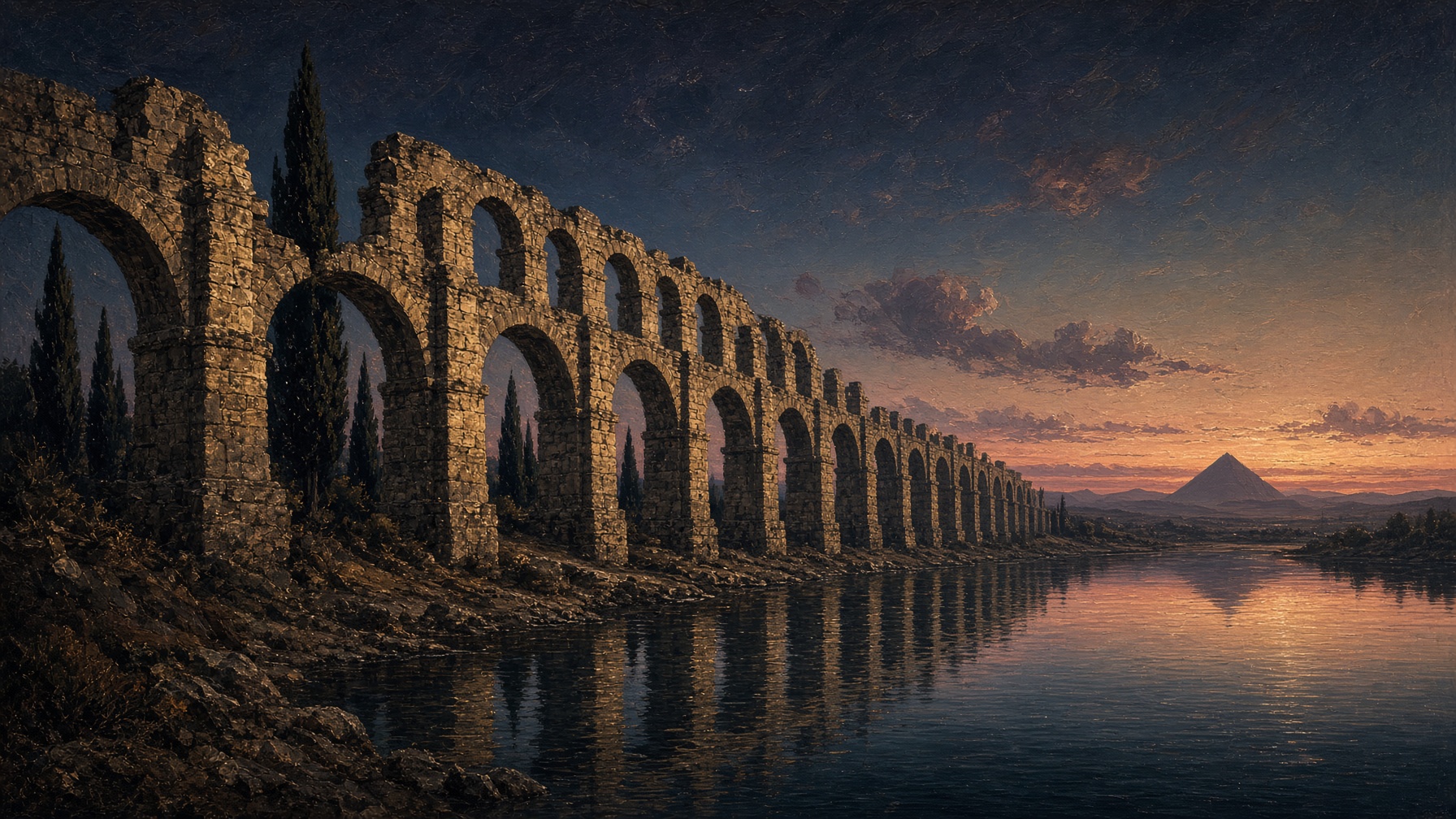 Painterly dusk: a ruined Roman aqueduct stepping into water, a distant pyramid holding the last light