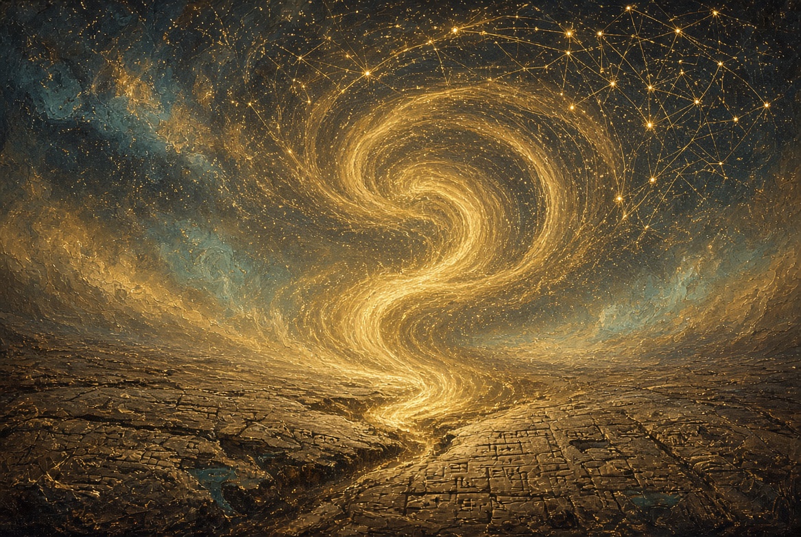 Gold spiral from clay ground into constellation lattice on night gold