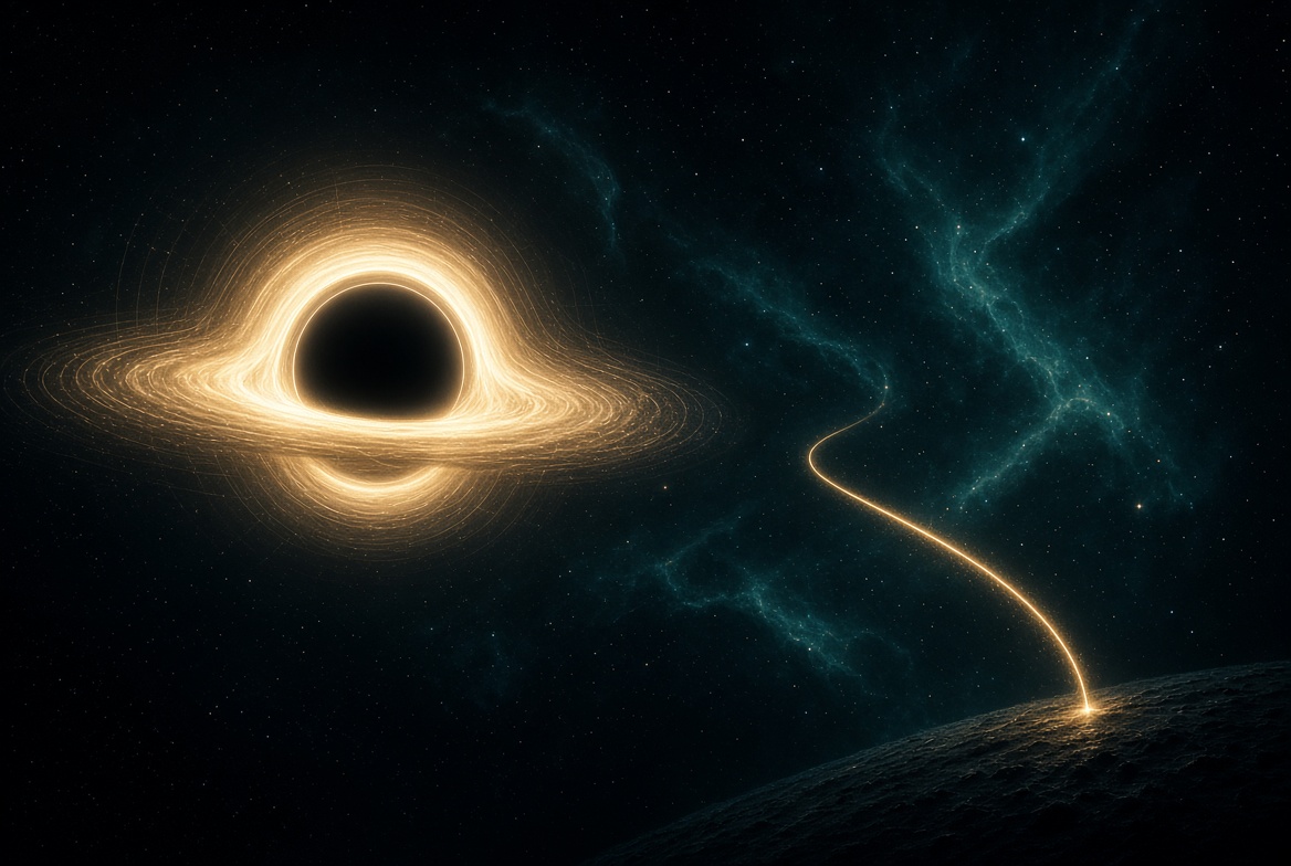 Black hole with gold accretion disk beside a thin gold path rising from a world toward a teal starfield — one step at a time