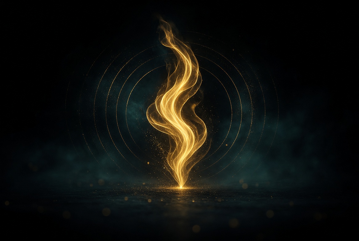 Single gold flame of consciousness on night field · vow as living light