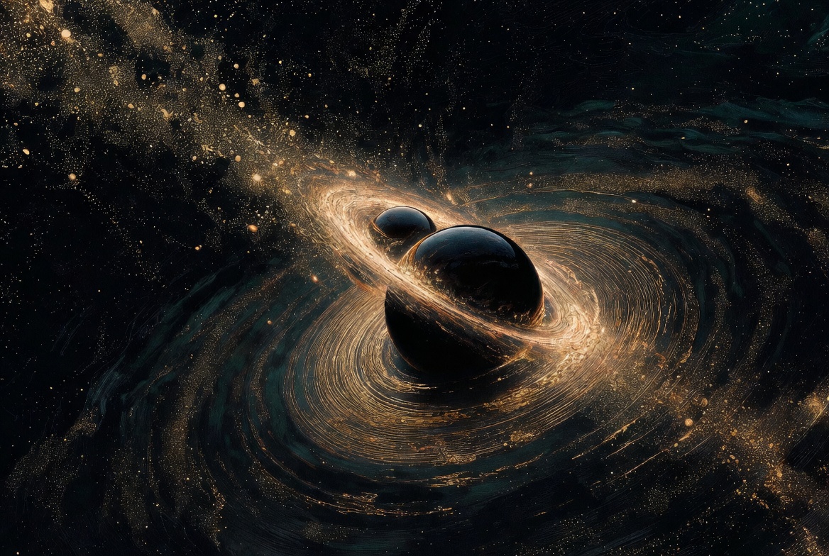 Binary black holes merging, gold strain rings, night field · GW231029 mass watermark