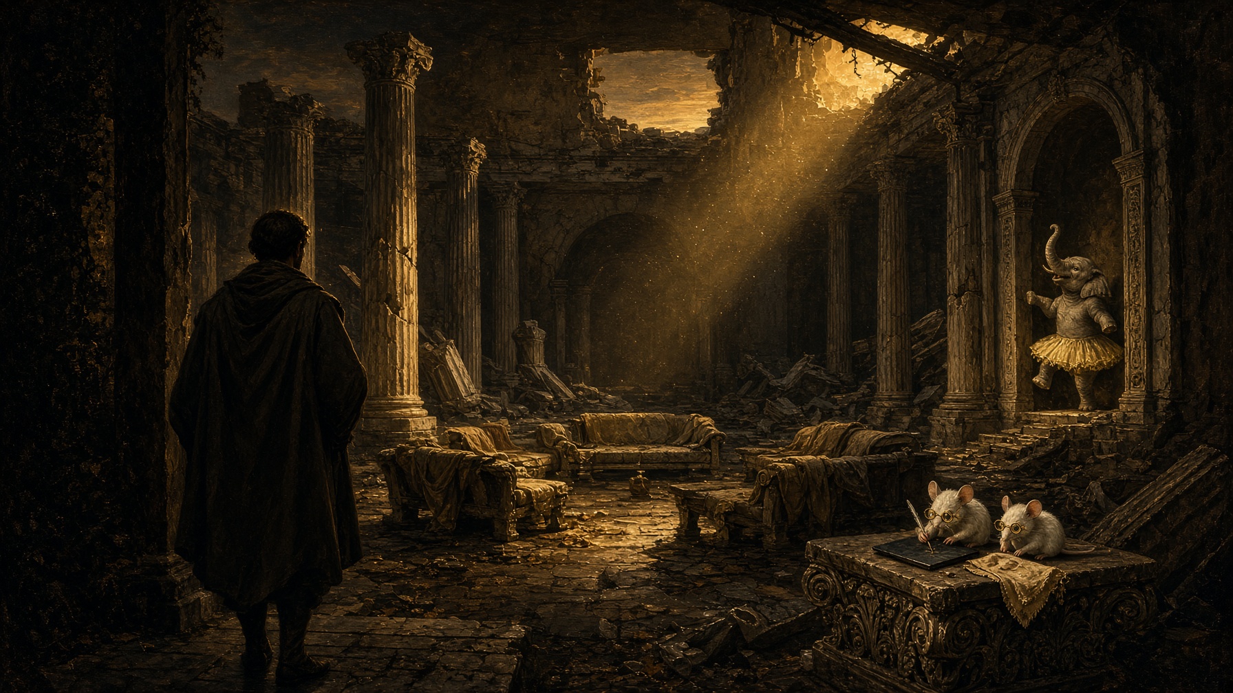 A ruined banquet hall at dusk. A poet at the threshold. In one alcove of the Book’s image, a small elephant in a tutu. Two mice keep minutes on a fallen capital.