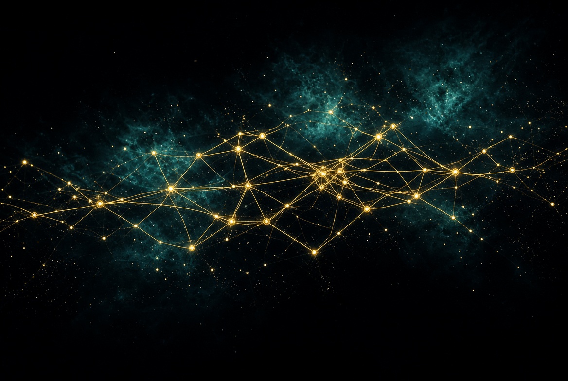 Gold lattice of local order holding against teal night · resistance to entropy · no text in frame
