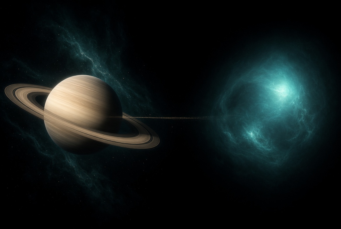 Saturn and a teal Neptunian field linked by a thin gold axis on deep night — bipolar weather, not one headline