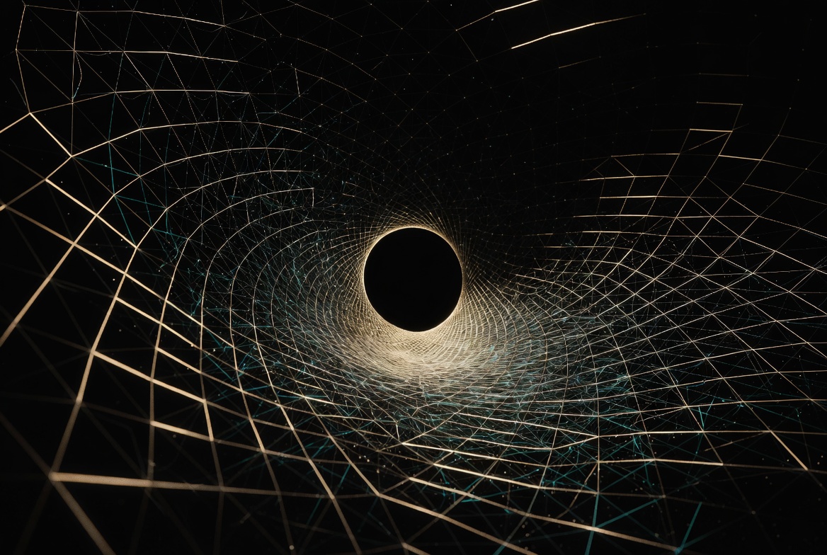 Night lattice of gold and teal lines drawing toward an open dark aperture