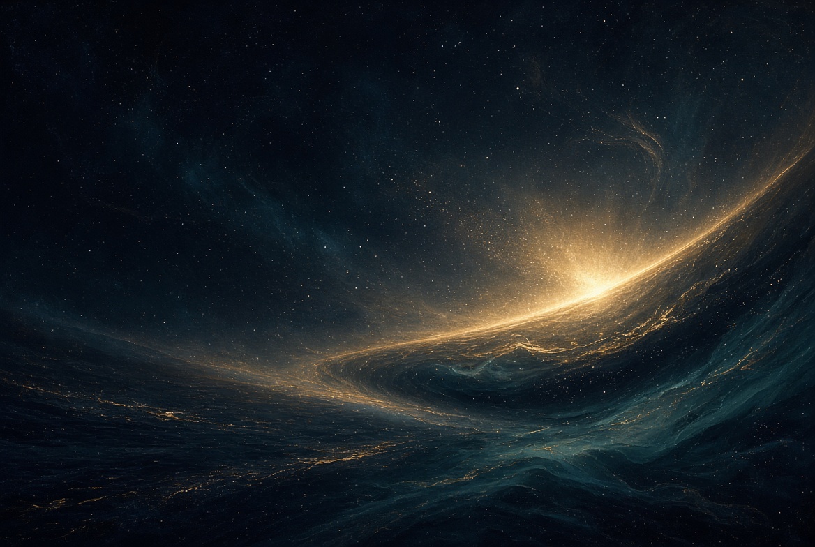 Singularity atmosphere · gold threshold in deep night · words live in type above