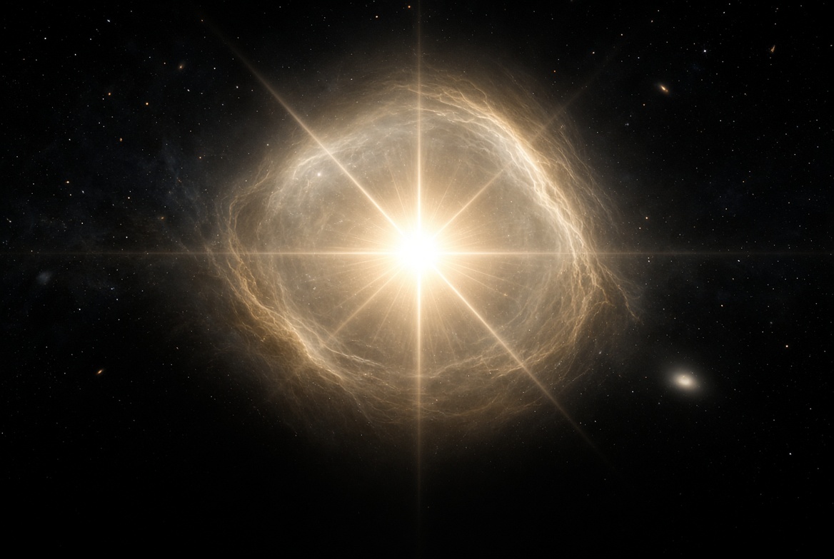 Photoreal first light · JWST-style stellar core and gold recombination shell in deep space