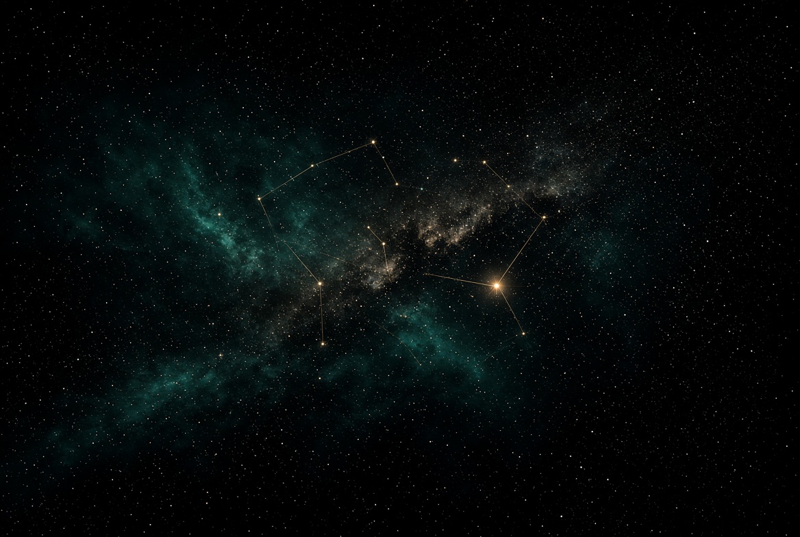 Teal night sky with champagne-gold constellation lines · answer waiting as pattern, no text