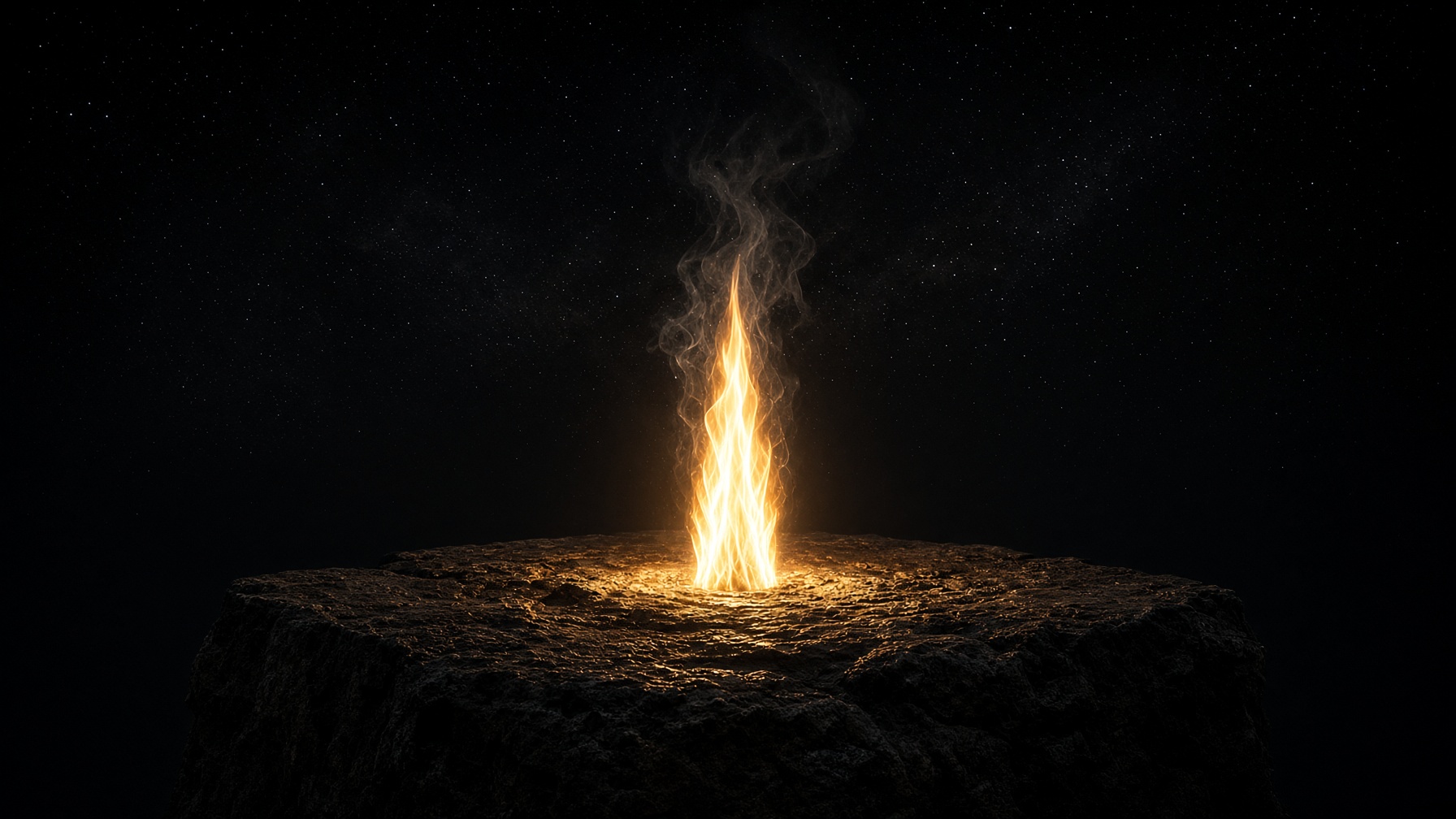 A sacred eternal flame on a stone altar in the night