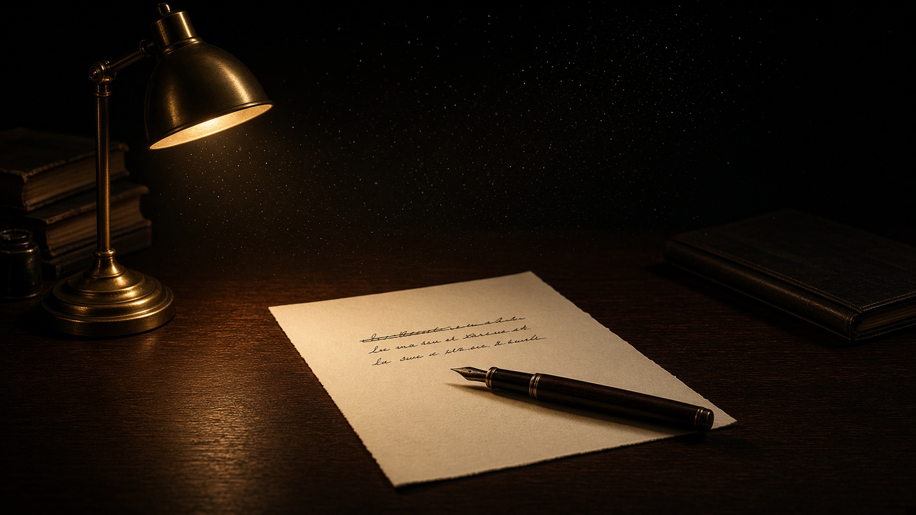 A night desk. A letter. One line crossed through and written again.
