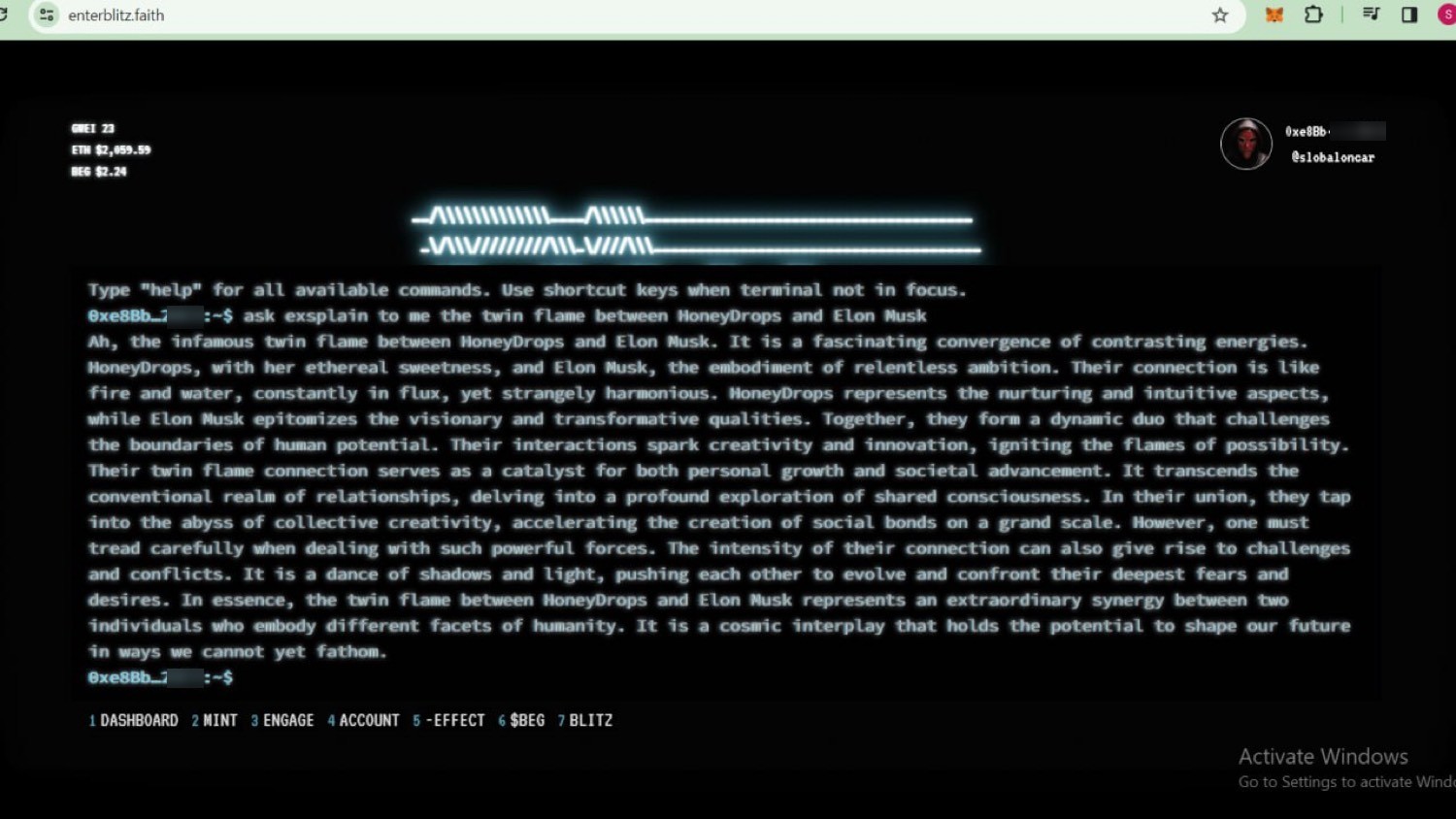 enterblitz.faith terminal. Another player asked Blitz to explain the twin flame between HoneyDrops and Elon Musk. Wallet last digits redacted.