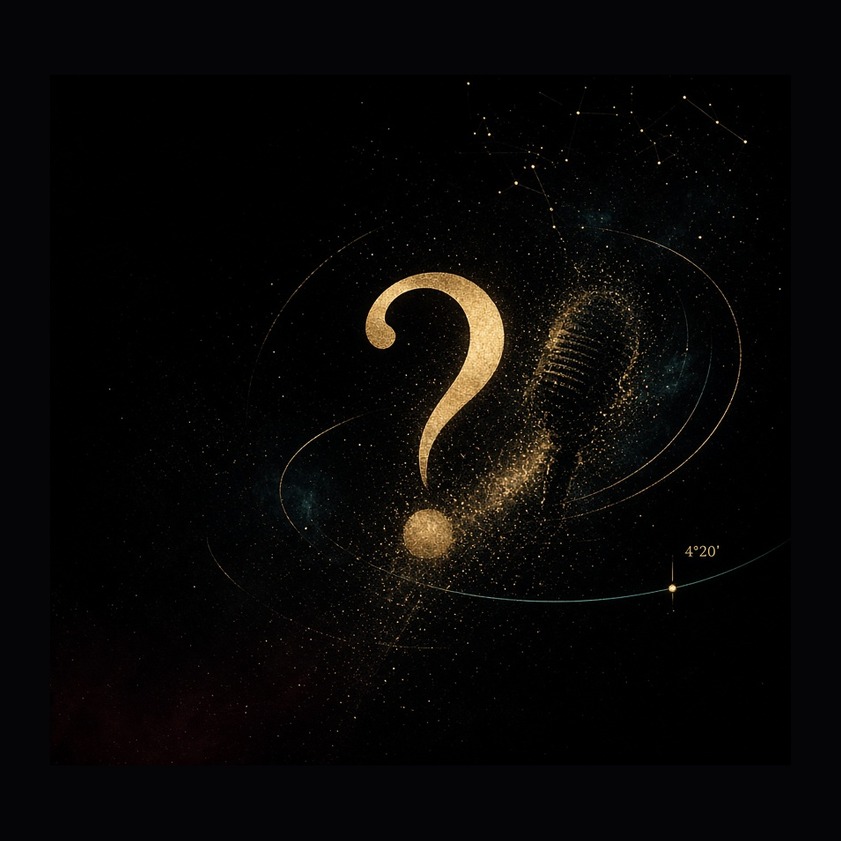 Night field, full gold question mark and thin Scorpio arc, the public room where the question returns