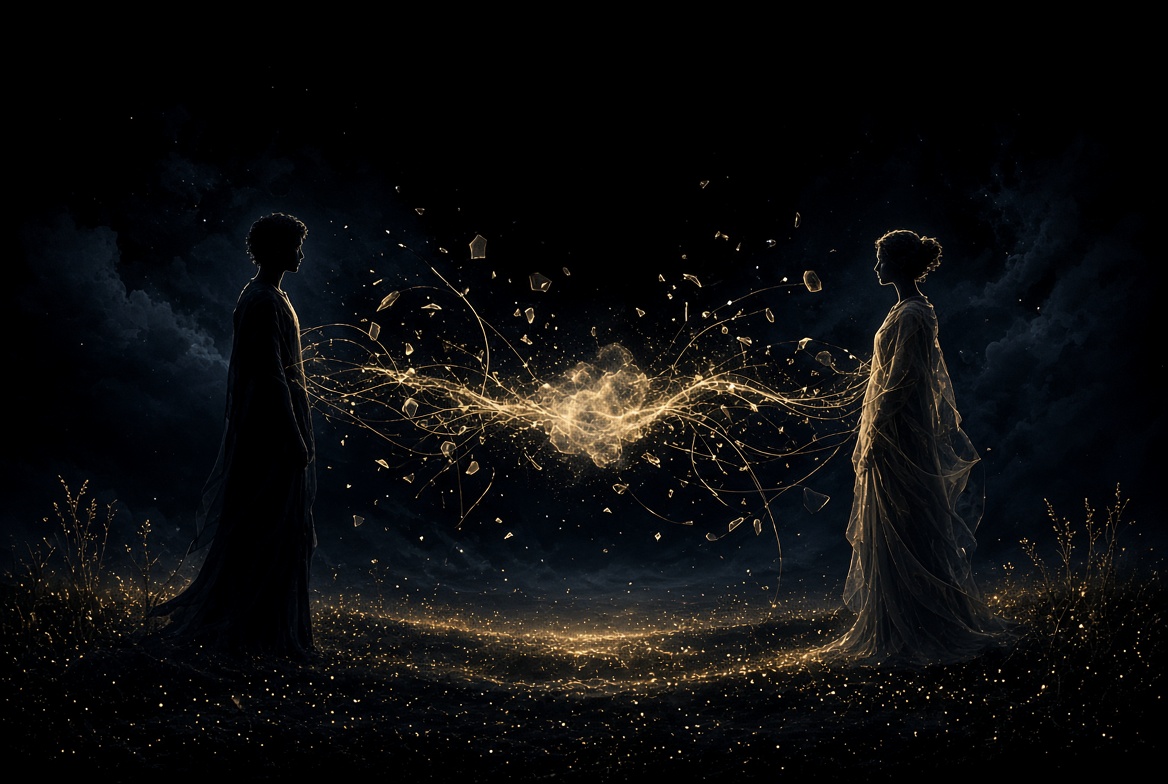 Two figures face each other across a night field while gold light gathers scattered fragments into one whole