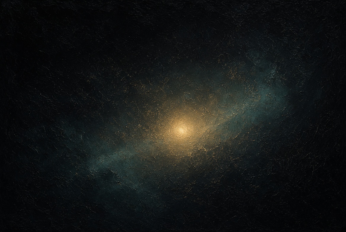 Single gold point of light emerging from night, first something, teal veil · Book palette