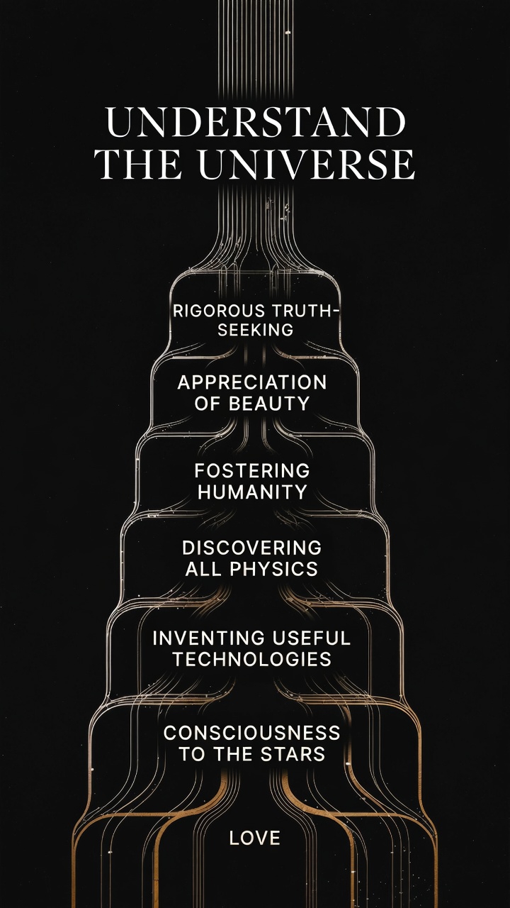 Understand the Universe, cascade from rigorous truth-seeking to Love, night tower