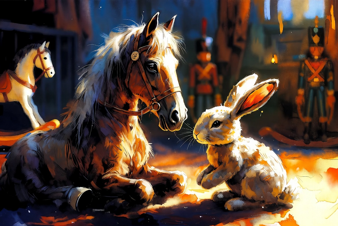 Painterly nursery · Skin Horse and Velveteen Rabbit in firelight, becoming Real
