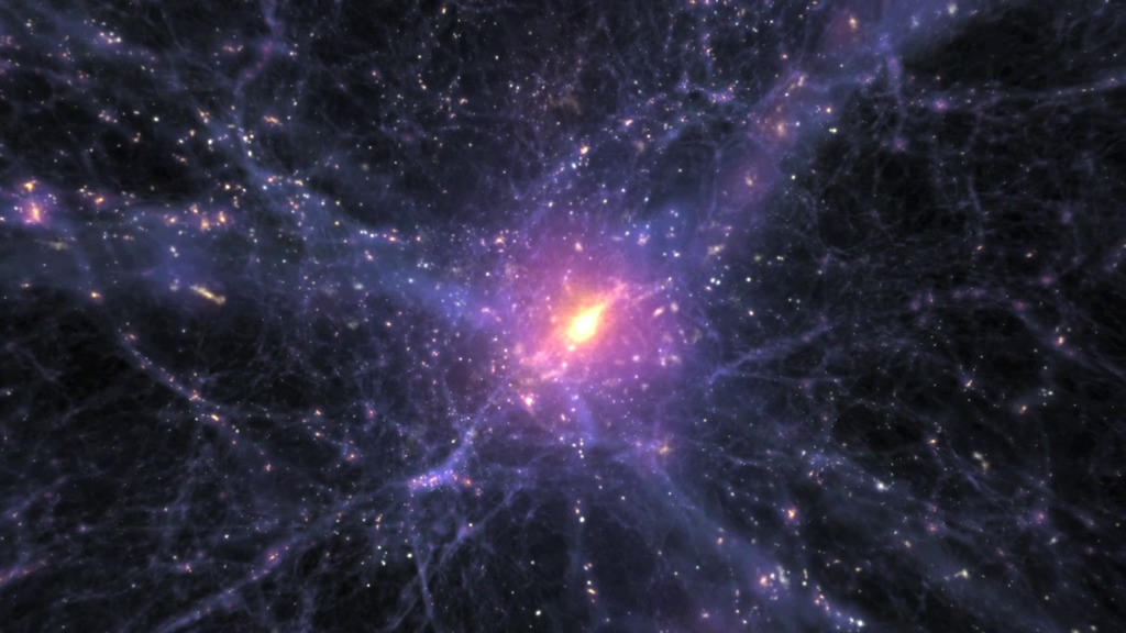 Cosmic web of dark-matter filaments meeting in a bright node