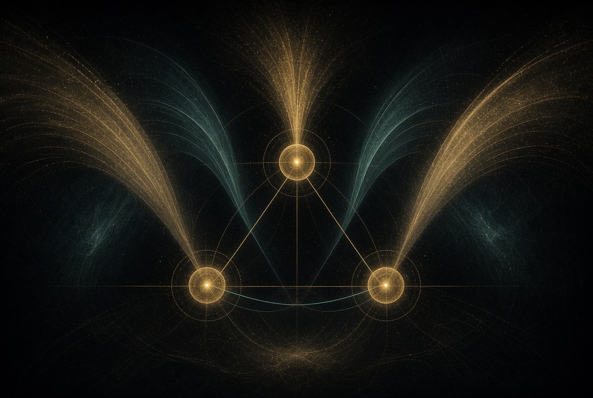 Champagne-night triangle of three gold nodes, five radial arcs, seal of looking