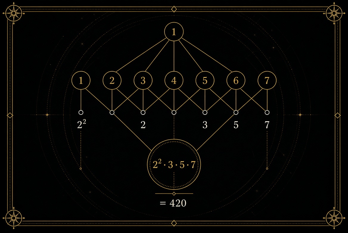 Factor ladder diagram · integers 1 through 7 assembling highest powers 2² · 3 · 5 · 7 into 420
