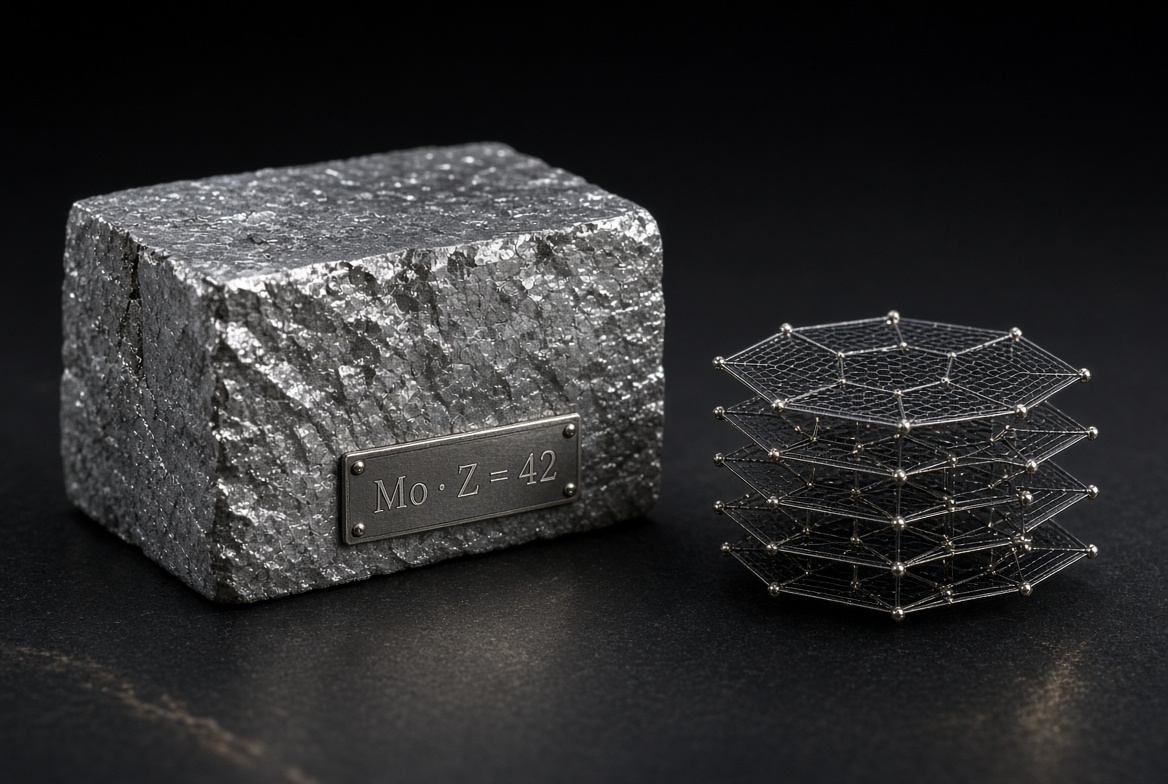 Molybdenum metal sample labeled Mo · Z = 42 beside layered MoS₂ lattice model