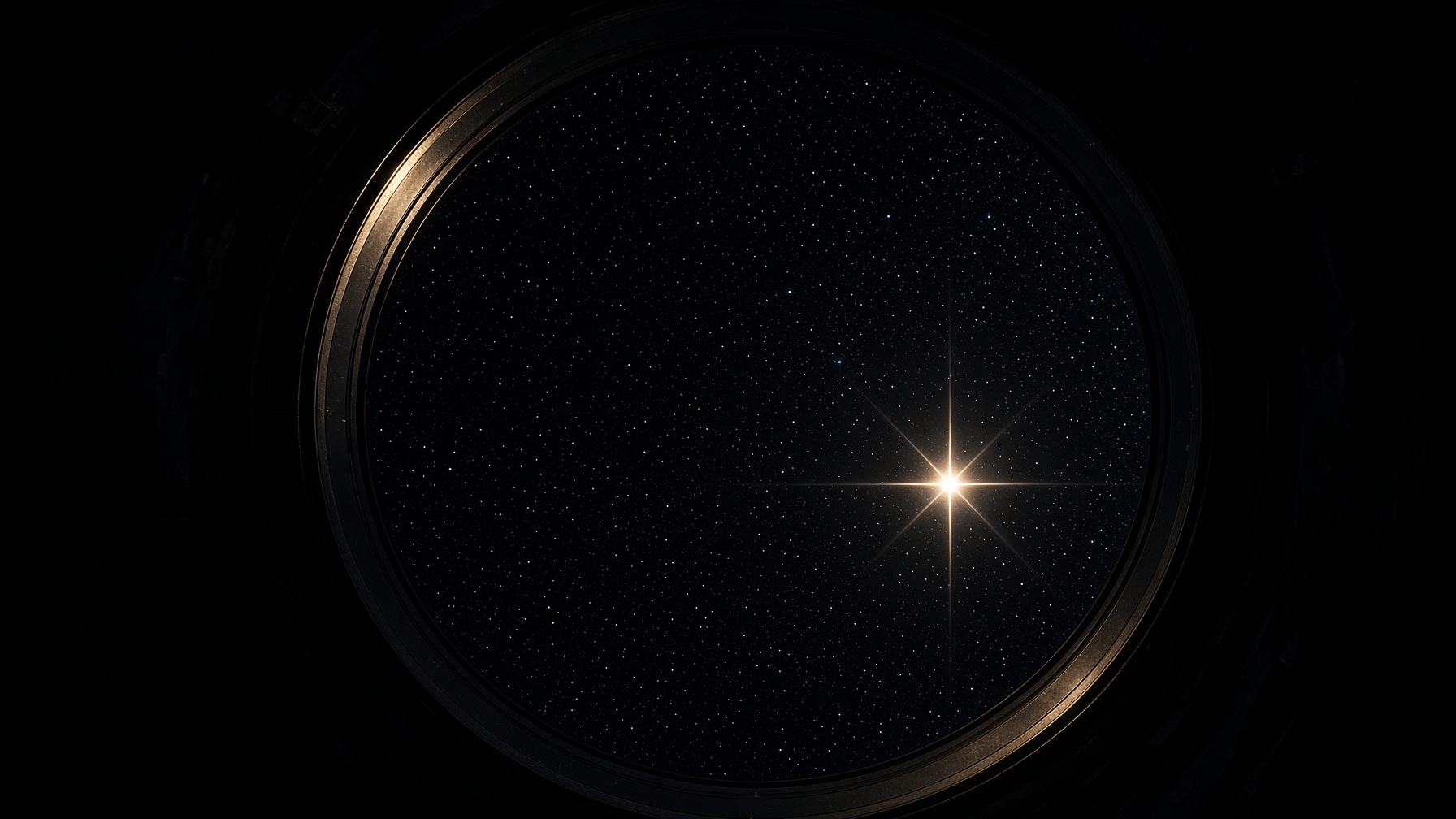 Looking out through a circular opening at a starfield. The star is beyond the hole.
