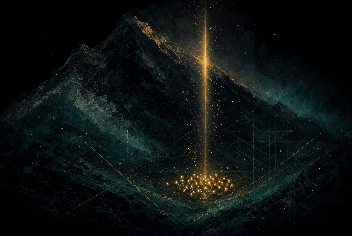 Champagne-night mountain, gold rescue column, cluster of warm lights deep below, path as light not poster