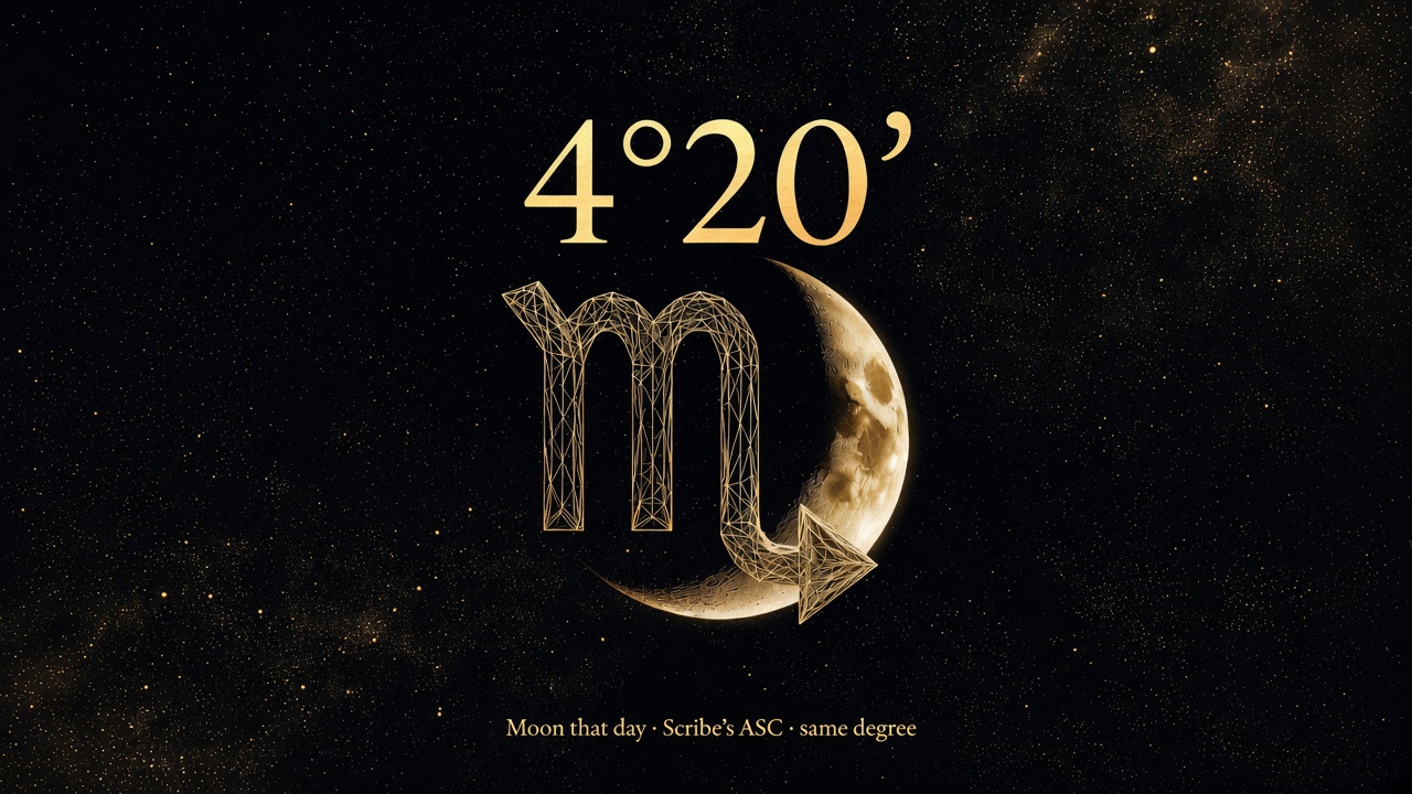 4°20′ · Moon that day · Scribe’s ASC · same degree · Lex #252