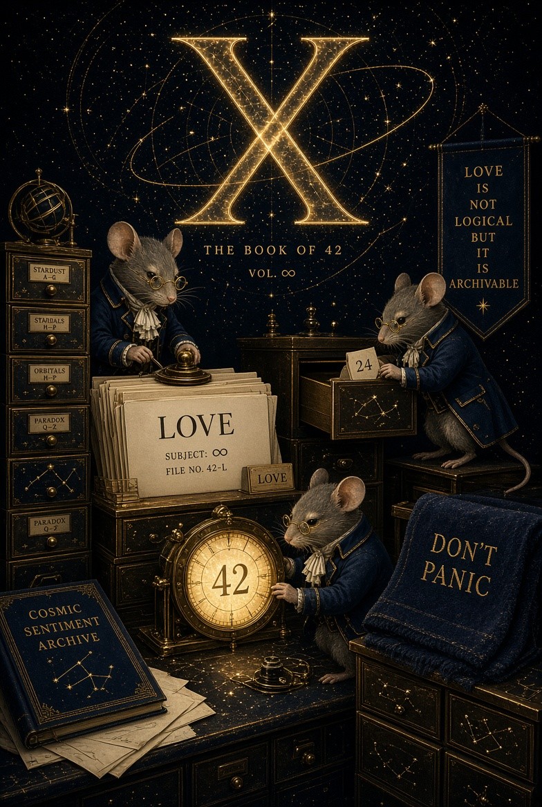Cosmic Sentiment Archive · mice stamp LOVE file · clock 42 · Don’t Panic towel · drawer 24