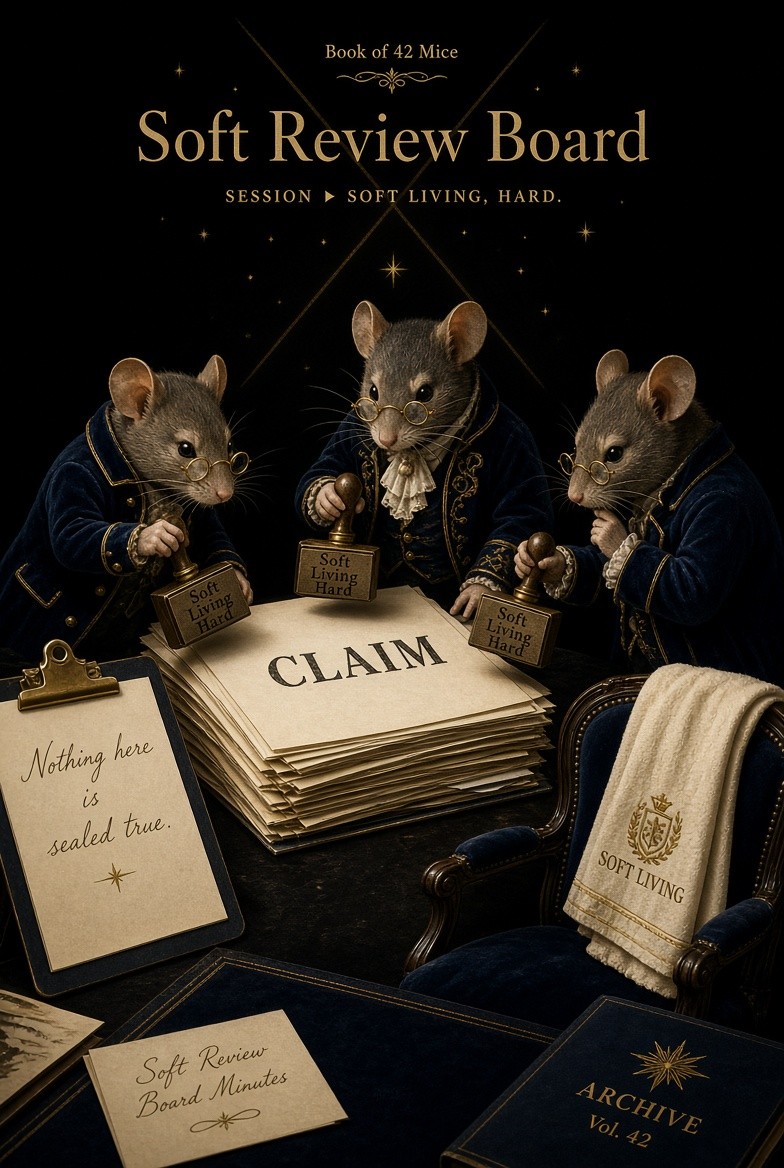 Three mice at the Soft Review Board. Stamps: Soft, Living, Hard. The claim on the table is not sealed true.